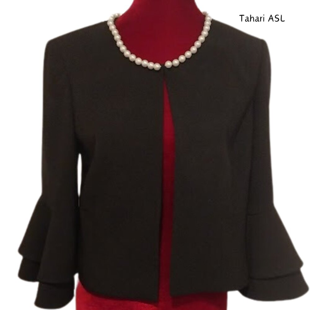 Tahari ASL Women's Faux Bright-White Pearl-Trim Ruffled-Sleeve Black Jacket SZ 8 - Picture 2 of 11